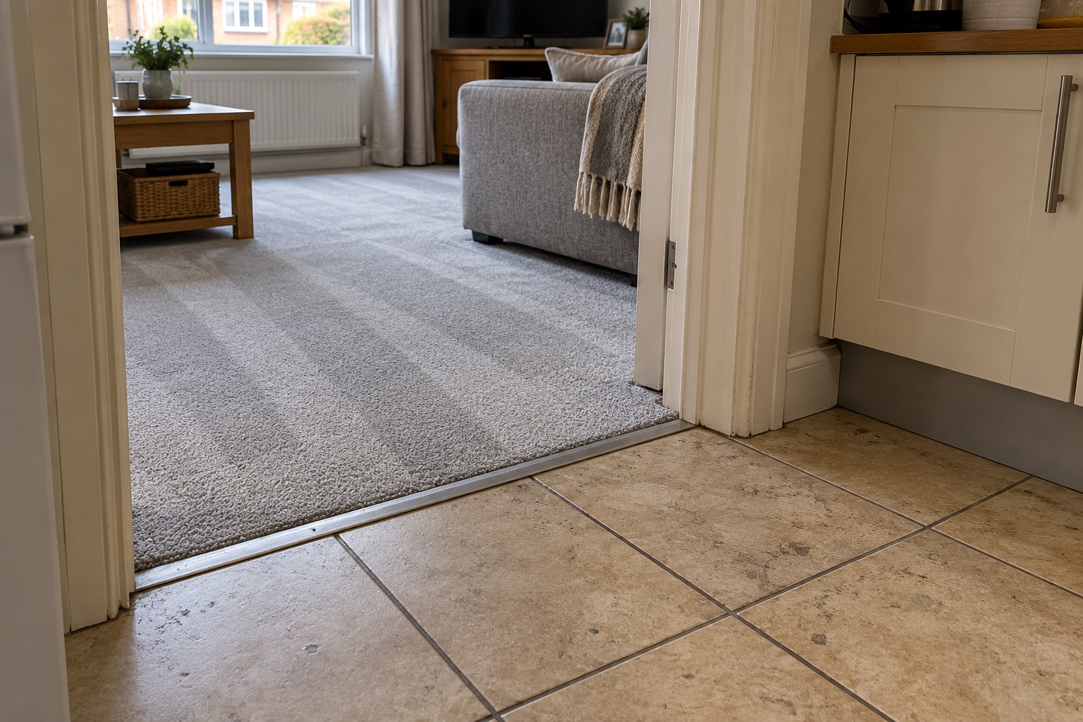 Tile & Hard Floor Cleaning, Explained 2 A freshly cleaned carpet next to a tiled kitchen floor that needs the same care.