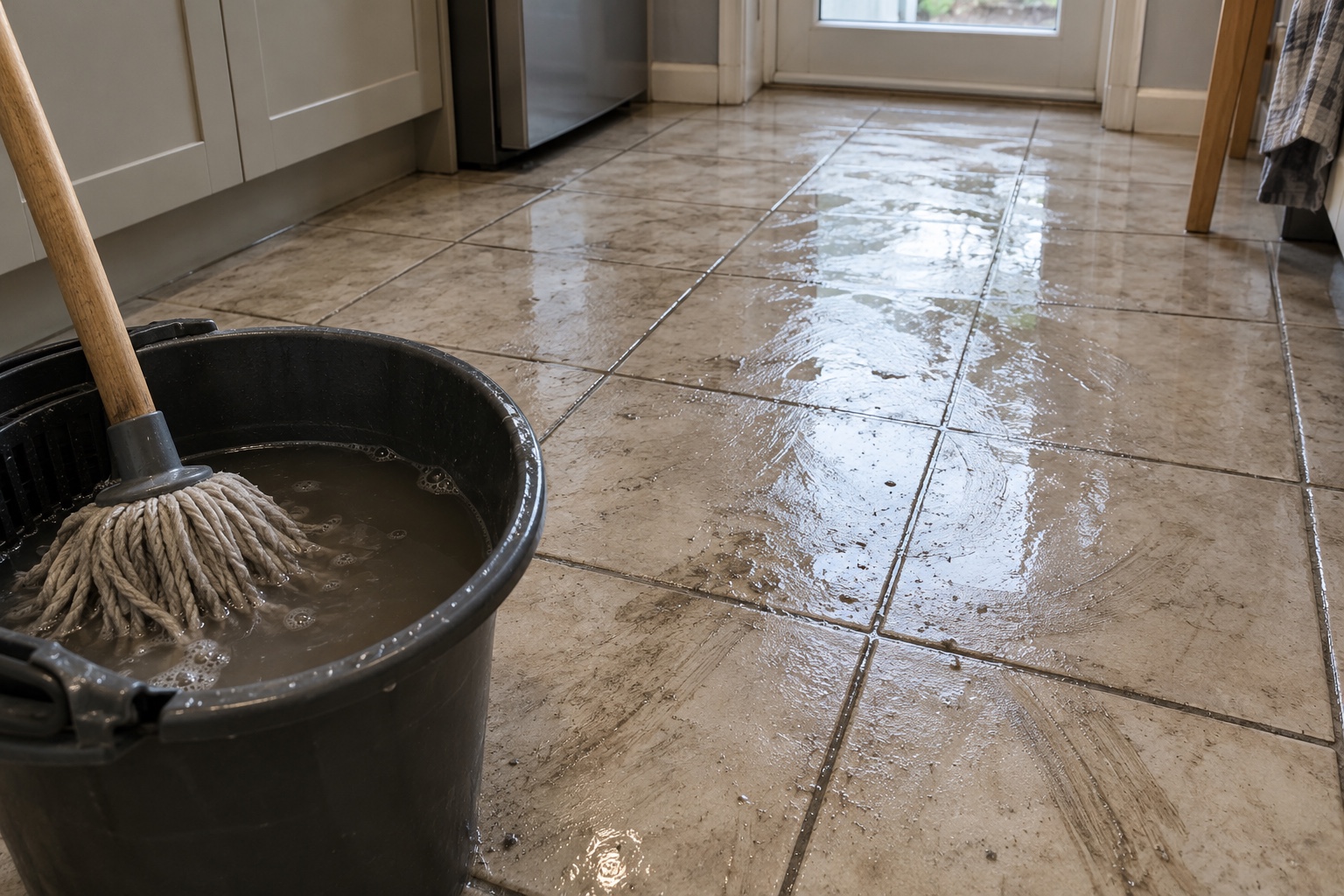 Tile & Hard Floor Cleaning, Explained 4 Mopping moves dirty water across the floor and into the grout.