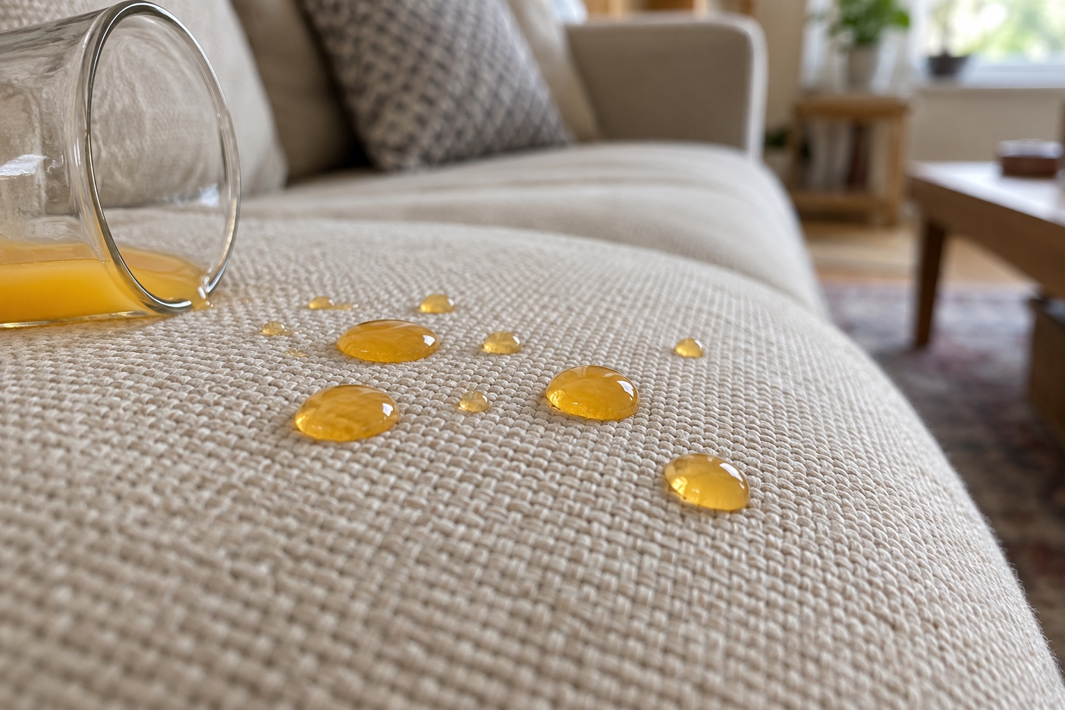 Upholstery & Sofa Cleaning in Manchester 7 With protection on, a spill sits on the fabric long enough to blot.