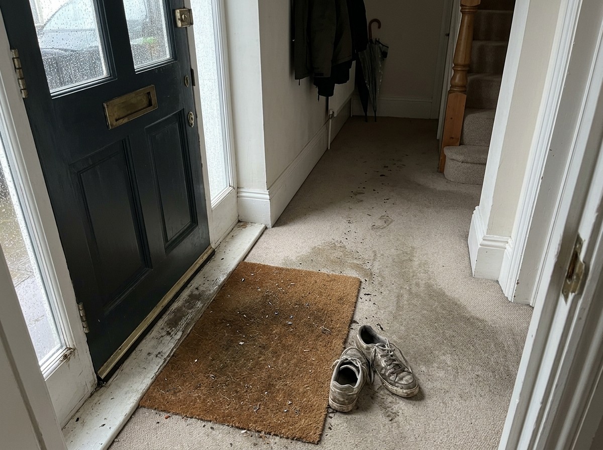 What a Year Does to Your Carpet 5 Grit and damp footprints tracked onto the hall carpet past the doormat.