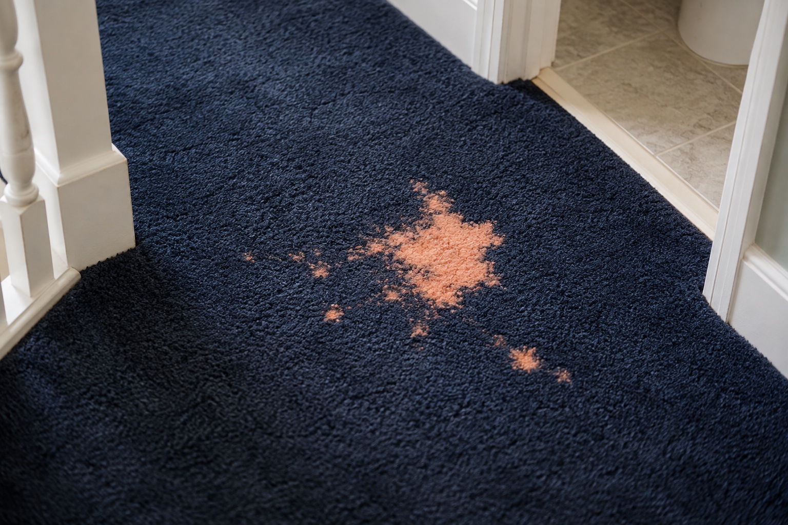 Will Professional Cleaning Remove This Stain? 5 A bleach mark on a dark carpet, where the colour itself has been removed.