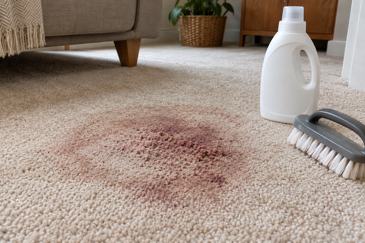 Will Professional Cleaning Remove This Stain? 6 An old grape juice stain spread and set by scrubbing and shop-bought foam.